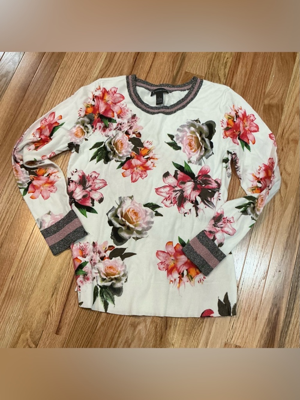 INC International Concepts White Crewneck Sweater with Pink Floral Print